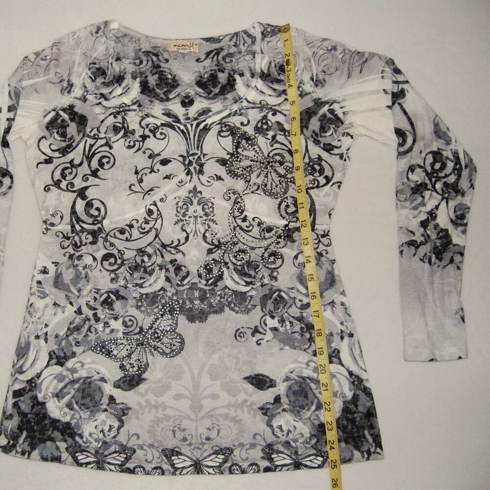 NWOT One World Women M Butterfly Studded Blouse, Long Sleeve - Picture 7 of 8